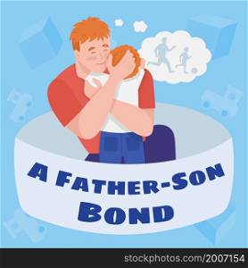 Dad son relationship social media post mockup. Father-son bond phrase. Web banner design template. Hugging child booster, content layout with inscription. Poster, print ads and flat illustration. Dad son relationship social media post mockup