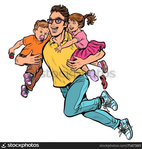 dad superhero flies and carries his daughter and son in his arms. paternity. Pop art retro vector illustration kitsch vintage. dad superhero flies and carries his daughter and son in his arms. paternity