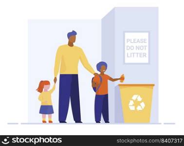 Dad with kids throwing litter in recycling bin. Parent with children tossing garbage flat vector illustration.  Ecology, recycling family concept for banner, website design or landing web page