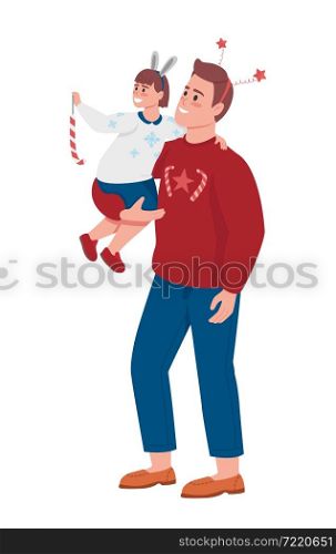 Dad with son decorate semi flat color vector characters. Posing figures. Full body people on white. Christmas isolated modern cartoon style illustration for graphic design and animation. Dad with son decorate semi flat color vector characters