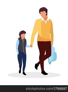 Dad with son walking to school semi flat color vector characters. Full body people on white. Parental support isolated modern cartoon style illustration for graphic design and animation. Dad with son walking to school semi flat color vector characters