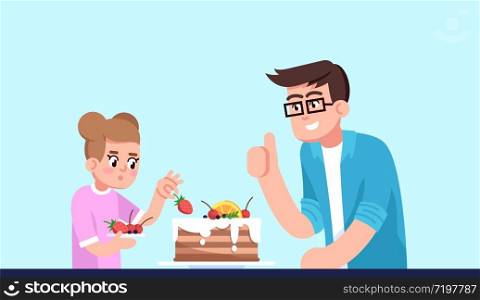 Daddy and daughter decorating pie semi flat RGB color vector illustration. Family members cooking dessert together, parent and child baking cake isolated cartoon characters on blue background
