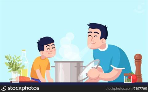 Daddy and son inhaling meal aroma semi flat RGB color vector illustration. Male parent and kid with saucepan, people with fragrant dish isolated cartoon characters on blue background