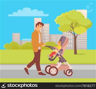 Daddy spending time with child vector, city walk, father and offspring sitting in perambulator walking in city park, town buildings with park and greenery trees, parenting and care, Father day. Father Walking Child in Perambulator, City Walk