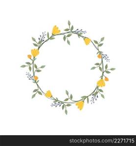 Daffodil and iris flower wreath. Green decorative ivy. Spring floral v∫a≥round frames. Creeper plant flat vector illustration