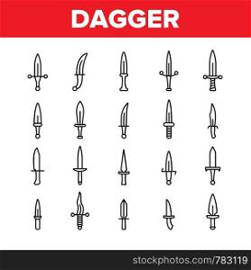 Dagger, Sharp Weapon Vector Thin Line Icons Set. Dagger, Dirk, Metal Instrument for Self-Protection. Medieval Weapon with Blade and Hilt, Swords Linear Pictograms. Vintage Souvenir Knife Symbols. Dagger, Sharp Weapon Vector Thin Line Icons Set
