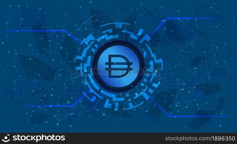 Dai token symbol of the DeFi project in a digital circle with a cryptocurrency theme on a blue background. Dai cryptocurrency icon. Decentralized finance programs. Copy space. Vector EPS10.
