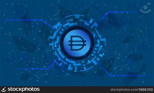 Dai token symbol of the DeFi project in a digital circle with a cryptocurrency theme on a blue background. Dai cryptocurrency icon. Decentralized finance programs. Copy space. Vector EPS10.