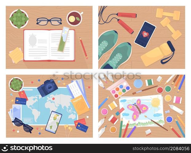 Daily activities flat color vector illustration set. Reading book. Fitness exercises. Planning travel. Drawing for kids. Top view 2D cartoon illustration with desktop on background collection. Daily activities flat color vector illustration set