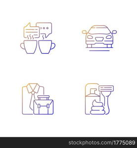 Daily activities gradient linear vector icons set. Meeting over coffee with friends. Sedan car. Official clothes. Thin line contour symbols bundle. Isolated vector outline illustrations collection. Daily activities gradient linear vector icons set