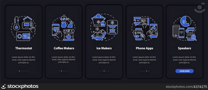Daily automation night mode onboarding mobile app screen. Walkthrough 5 steps graphic instructions pages with linear concepts. UI, UX, GUI template. Myriad Pro-Bold, Regular fonts used. Daily automation night mode onboarding mobile app screen