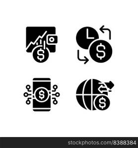 Daily cash flow black glyph icons set on white space. Hourly earnings. Stock trading. Mobile bank. International money transfer. Silhouette symbols. Solid pictogram pack. Vector isolated illustration. Daily cash flow black glyph icons set on white space