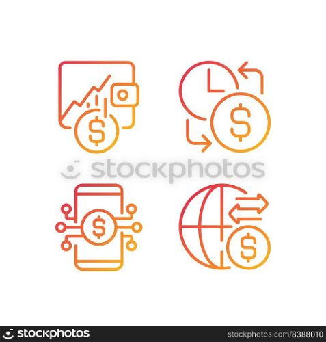 Daily cash flow pixel perfect gradient linear vector icons set. Hourly earnings. Stock trading. Mobile bank. Thin line contour symbol designs bundle. Isolated outline illustrations collection. Daily cash flow pixel perfect gradient linear vector icons set