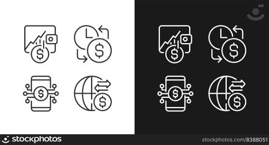 Daily cash flow pixel perfect linear icons set for dark, light mode. Hourly earnings. Stock trading. Money transfer. Thin line symbols for night, day theme. Isolated illustrations. Editable stroke. Daily cash flow pixel perfect linear icons set for dark, light mode