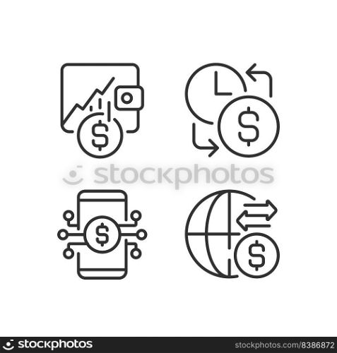 Daily cash flow pixel perfect linear icons set. Hourly earnings. Stock trading. International money transfer. Customizable thin line symbols. Isolated vector outline illustrations. Editable stroke. Daily cash flow pixel perfect linear icons set