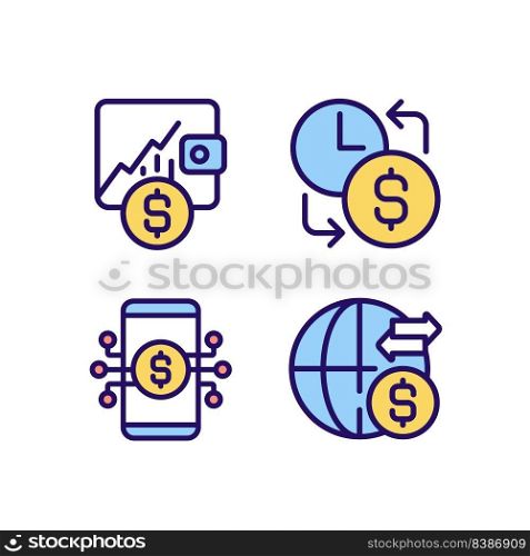 Daily cash flow pixel perfect RGB color icons set. Hourly earnings. Stock trading. International money transfer. Isolated vector illustrations. Simple filled line drawings collection. Editable stroke. Daily cash flow pixel perfect RGB color icons set