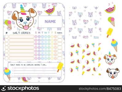 Daily Chores checklist planner template. Unicorn puppy rainbow colors habit tracker for kids.. Daily Chores checklist planner template. Unicorn puppy rainbow colors habit tracker for kids