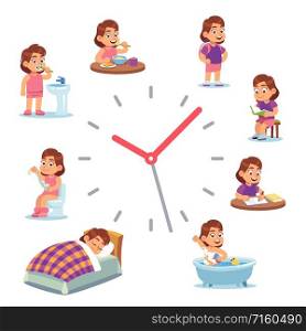 Daily clock for girl. Routine schedule of happy baby girls life from morning breakfast at home eating school to sleep, vector situation alarm. Daily clock for girl. Routine schedule of happy baby girls life from morning breakfast at home eating school to sleep