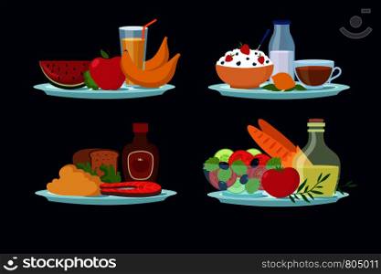 Daily diet meals, healthy food for breakfast, lunch, dinner cartoon vector icons. Healthy meal with vegetable and fruits illustration. Daily diet meals, healthy food for breakfast, lunch, dinner cartoon vector icons