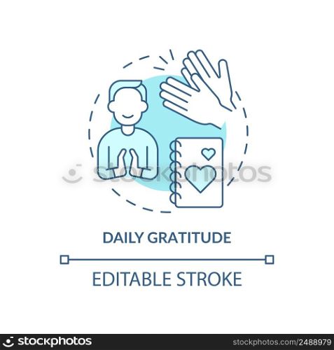 Daily gratitude turquoise concept icon. Exercise for self love abstract idea thin line illustration. Self-care routine. Isolated outline drawing. Editable stroke. Arial, Myriad Pro-Bold fonts used. Daily gratitude turquoise concept icon