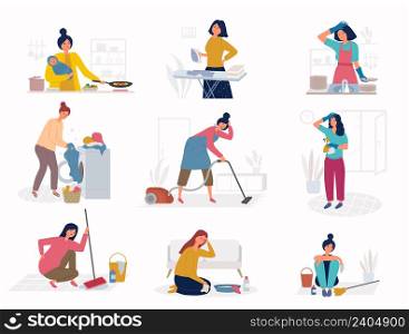 Daily housework. Sad unhappy woman cleaning room routine work daily activities people ironing girl washing mother bathing kids recent vector flat persons. Illustration housework and housekeeping. Daily housework. Sad unhappy woman cleaning room routine work daily activities people ironing girl washing mother bathing kids recent vector flat persons