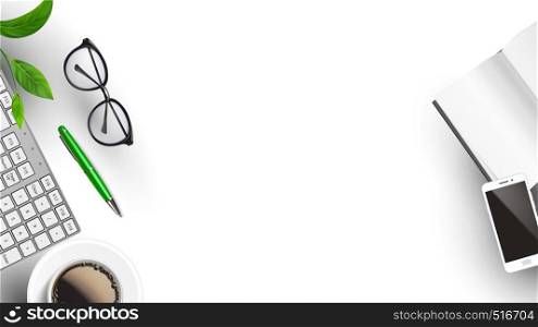 Daily Instruments For Working Day Flat Lay Vector. Eye Glasses Near House Plant Leaves, Keypad And Pen, Cup Of Coffee And Cellphone On Daily Dairy On Desktop. Copy Space Top View Illustration. Daily Instruments For Working Day Flat Lay Vector