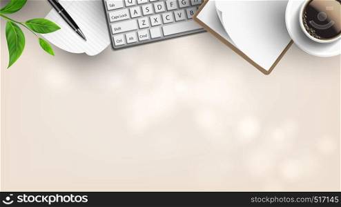 Daily Instruments On Workspace Flat Lay Vector. Branch Of Home Tree Near Blank List Of Paper And Pencil, Keypad With Clipboard And Daily Cup Of Coffee. Copy Space Top View Illustration. Daily Instruments On Workspace Flat Lay Vector