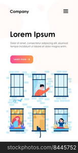 Daily life in open windows. Neighbor, building, home flat vector illustration. Lifestyle and neighborhood concept for banner, website design or landing web page