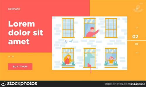 Daily life in open windows. Neighbor, building, home flat vector illustration. Lifestyle and neighborhood concept for banner, website design or landing web page