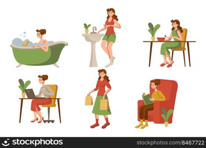 Daily life of working woman vector illustrations set. Everyday life of female character  morning routine, work, leisure, hobby isolated on white background. Daily routine, lifestyle concept