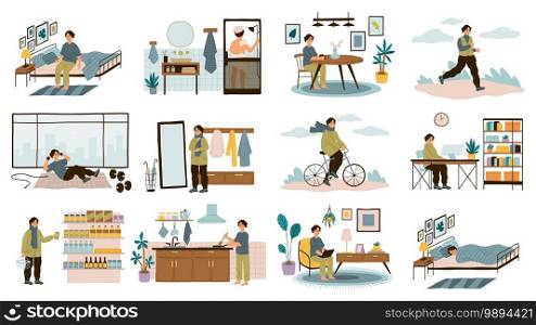 Daily man routine. Everyday young guy life activities, male leisure and work, home and office, sport and walk, sleep and breakfast. Different everyday situations. Vector cartoon isolated concept set. Daily man routine. Everyday young guy life activities, male leisure and work, home and office, sport and walk, sleep and breakfast. Different everyday situations. Vector cartoon set