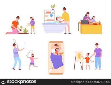 Daily mother. Parent disciplining learning kid care hygiene, child thanks, baby playing painting mom, motherhood discipline exercise education, cartoon vector illustration. Mother and kid character. Daily mother. Parent disciplining learning kid care hygiene, child thanks, baby playing painting mom, motherhood discipline exercise education, cartoon splendid vector illustration