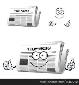 Daily newspaper cartoon icon with headline News and smiling face showing attention gesture. Cartoon newspaper with attention gesture