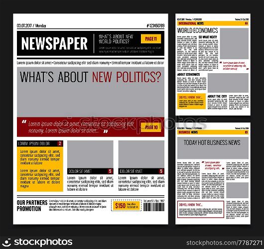 Daily newspaper colored template for website design with three page layout headlines quotes and text articles flat vector illustration . Daily Newspaper Design Template