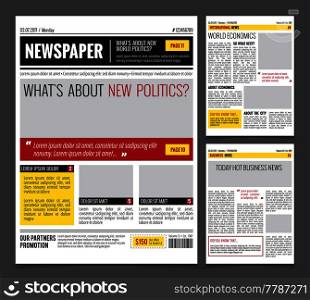 Daily newspaper colored template for website design with three page layout headlines quotes and text articles flat vector illustration . Daily Newspaper Design Template