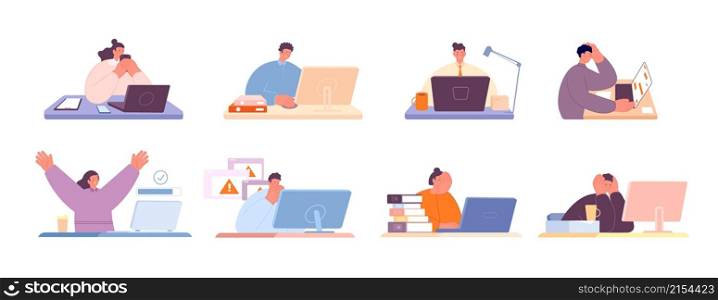 Daily office work. Business people at desk, home workplace. Man at laptop or computer, diverse human. Adults career or education vector set. Workers at workplace, business characters illustration. Daily office work. Business people at desk, home workplace. Man at laptop or computer, diverse emotions human. Adults career or education utter vector set