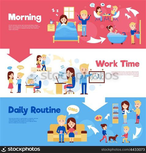 Daily People Horizontal Banners Set. Scenes of people in daily life morning work time and daily routine cartoon style horizontal banners vector illustration