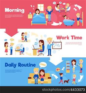 Daily People Horizontal Banners Set. Scenes of people in daily life morning work time and daily routine cartoon style horizontal banners vector illustration