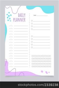 Daily planner worksheet design template. Blank printable goal setting sheet. Time management sample. Scheduling page for organizing personal tasks. Amatic SC Bold, Oxygen Regular fonts used. Daily planner worksheet design template
