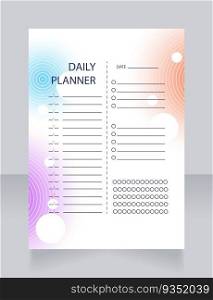 Daily planner worksheet design template. Printable goal setting sheet. Editable time management s&le. Scheduling page for organizing personal tasks. Lato Regular, Light fonts used. Daily planner worksheet design template