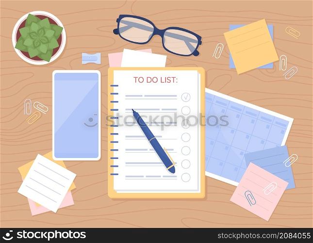Daily planning flat color vector illustration. Pencil on textbook. Checklist in open notebook. Write agenda for daily routine. Top view 2D cartoon illustration with desktop on background collection. Daily planning flat color vector illustration