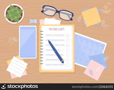 Daily planning flat color vector illustration. Pencil on textbook. Checklist in open notebook. Write agenda for daily routine. Top view 2D cartoon illustration with desktop on background collection. Daily planning flat color vector illustration