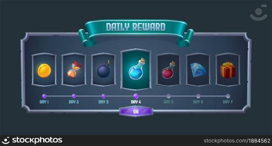 Daily reward frame with item icons for game gui design. Vector cartoon illustration of prizes for every day, gold coin, bomb, gift box, diamond and potions in old metal border with ribbon. Daily reward frame with item icons for game design