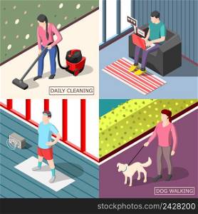 Daily routine 2x2 isometric design concept set of ordinary people walking with dog cleaning doing morning exercises vector illustration. Daily Routine 2x2 Isometric Design Concept