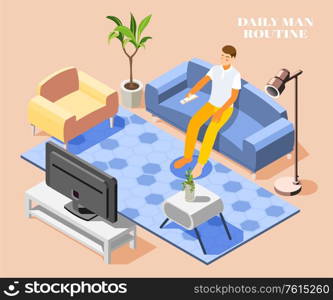 Daily routine background with man watching tv on sofa at home 3d vector illustration