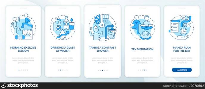 Daily routine blue onboarding mobile app screen. Selfcare walkthrough 5 steps graphic instructions pages with linear concepts. UI, UX, GUI template. Myriad Pro-Bold, Regular fonts used. Daily routine blue onboarding mobile app screen