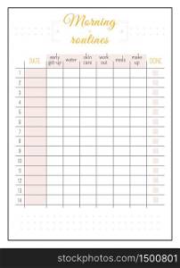 Daily routine calendar minimalist planner page design. Morning list with cute pink boxes. Self improvement. Habit tracker bullet journal printable sheet. Personal organizer. Notebook vector template. Daily routine calendar minimalist planner page design