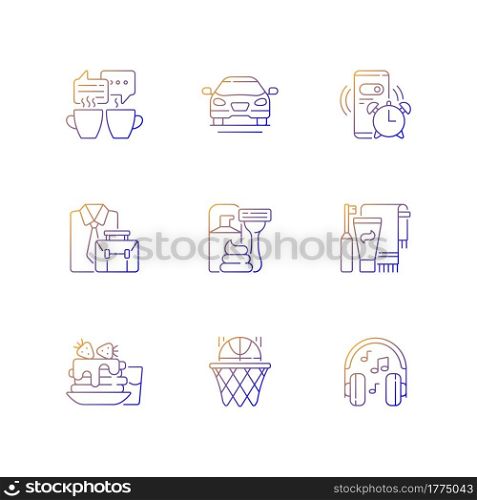 Daily routine gradient linear vector icons set. Alarm clock for work. Office worker activities. Everyday schedule. Thin line contour symbols bundle. Isolated vector outline illustrations collection. Daily routine gradient linear vector icons set