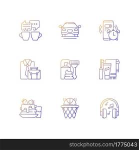 Daily routine gradient linear vector icons set. Alarm clock for work. Office worker activities. Everyday schedule. Thin line contour symbols bundle. Isolated vector outline illustrations collection. Daily routine gradient linear vector icons set