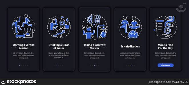 Daily routine night mode onboarding mobile app screen. Selfcare walkthrough 5 steps graphic instructions pages with linear concepts. UI, UX, GUI template. Myriad Pro-Bold, Regular fonts used. Daily routine night mode onboarding mobile app screen